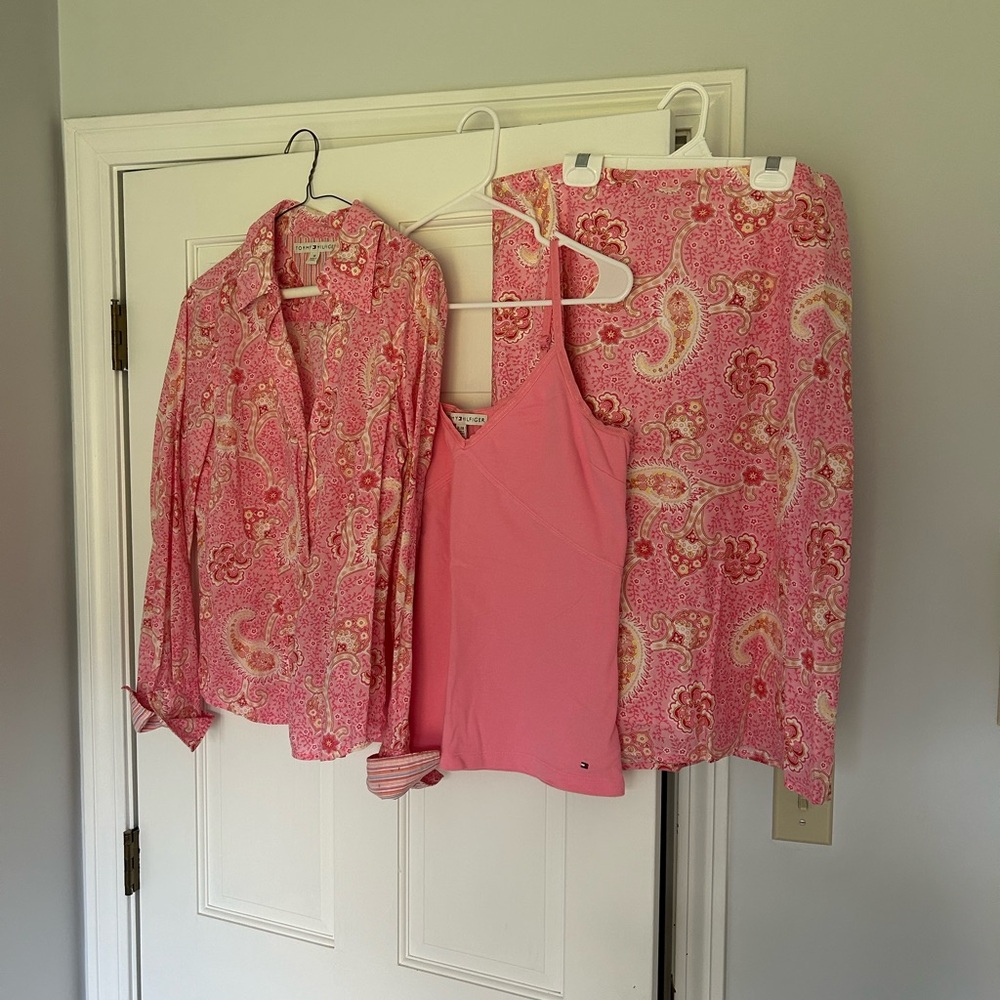Tommy Hilfiger ensemble.  Blouse, skirt and tank camisole.  Coral pink.